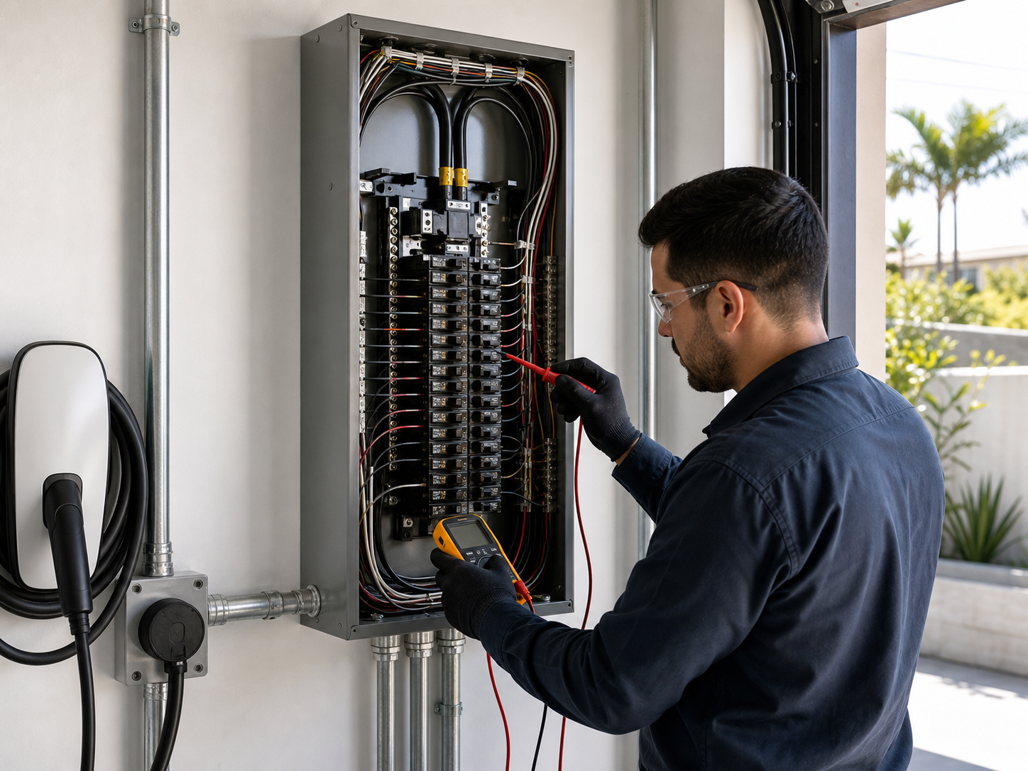 Electrician reviewing a residential panel for heat pump and EV charger load planning