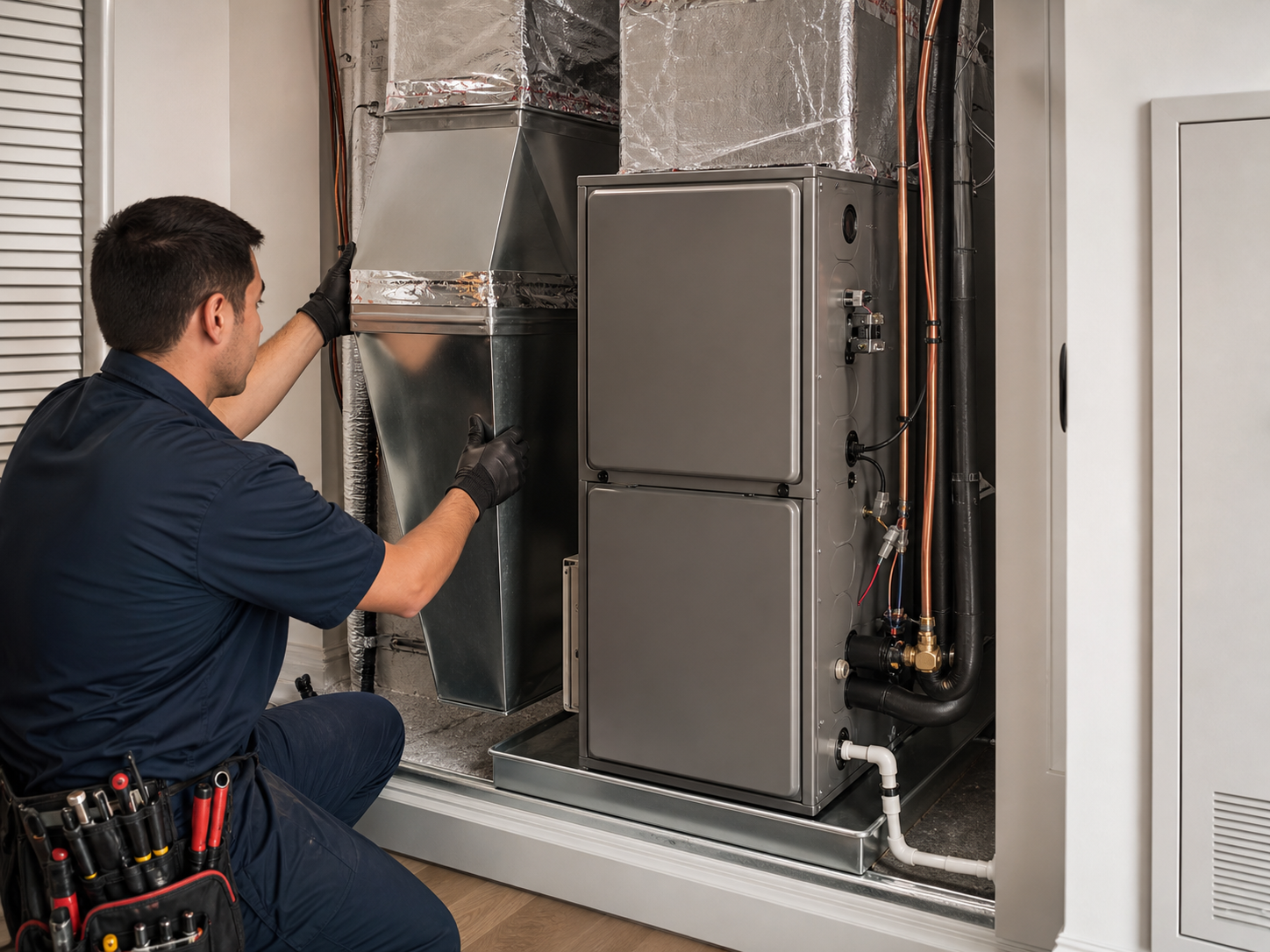 Technician installing a premium indoor HVAC system in a clean Westside Los Angeles mechanical closet