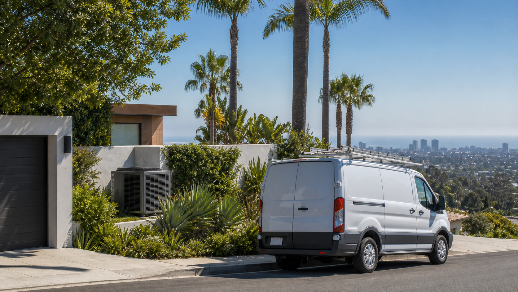Service vehicle near a Westside Los Angeles hillside home with HVAC equipment context