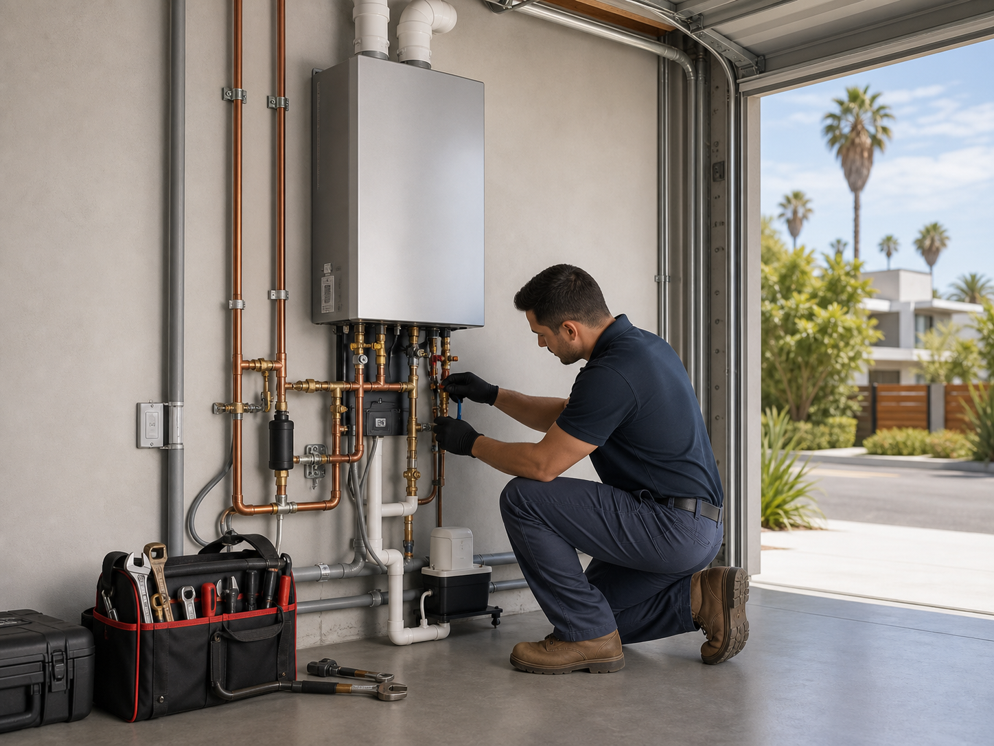 Premium tankless water heater and plumbing installation in a West Los Angeles garage